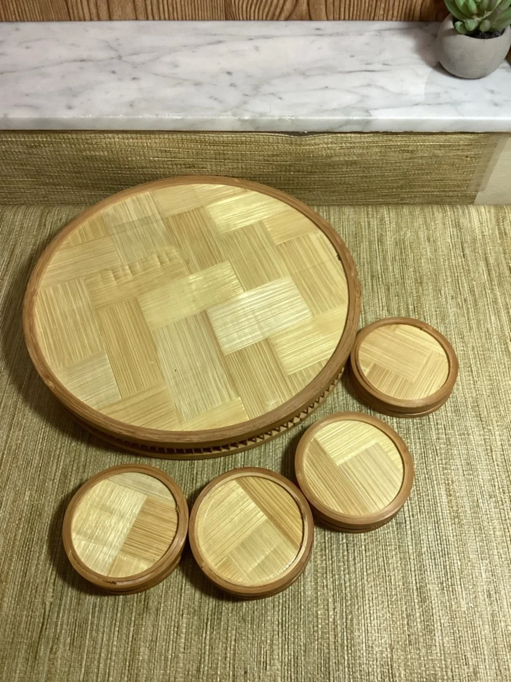 Woven Rattan Serving Tray Set Star of David Pattern Matching Coasters